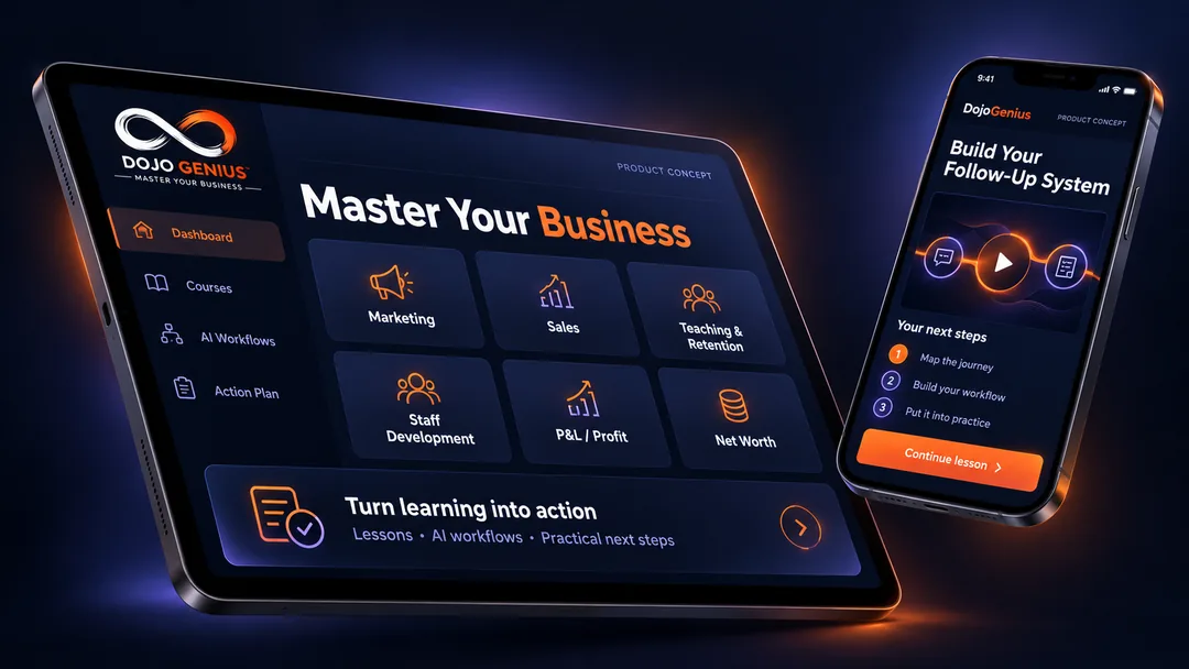 Dojo Genius product concept: a tablet showing the six learning categories and a phone showing a lesson with next steps